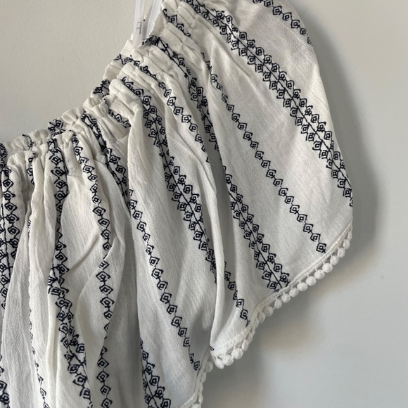 Off the Shoulder Striped White and Blue Romper - Picture 5 of 6